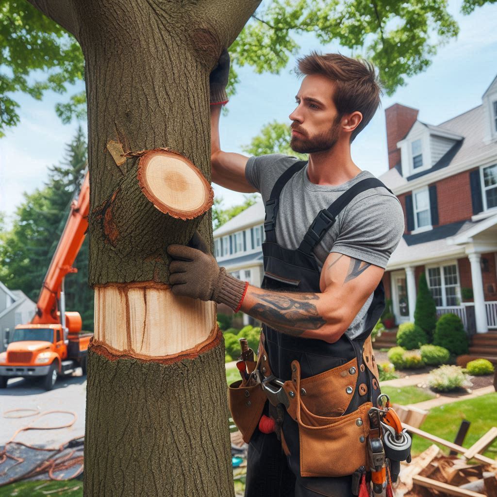 Tree removal expert performing maintenance on a typical Alabama home's trees